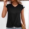 Camiseta de manga corta informal y cómoda con cuello en V y costuras de encaje calado para mujer europea y americana transfronteriza.