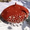 Boina de lã com pérolas para outono e inverno infantil boné de pintor vintage britânico boné de abóbora coreano moda