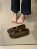 Sapatilha Feminina Retro Francesa com Laço Bico Redondo Forrada com Pelúcia 2026 Inverno Boca Rasa Sapatos Peludos Quentes Algodão Sapatos Simples