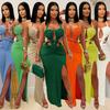 C7407 Transfronteiriço Aliexpress Amazon Moda Europeia e Americana Vestido Sexy Feminino Tricotado Halterneck Sem Costas Cor Pura