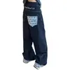 Jeans Retro Azul Oscuro Plegados para Mujer, Pantalones Rectos Adelgazantes Tallas Grandes, Pantalones Largos de Pierna Ancha que Cubren las Caderas para Cuerpo Tipo Pera
