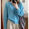 Cardigan Suéter Abrigo de Punto Suave de Manga Larga Jacquard Hueco Cuello Redondo Estilo Francés Suave para Mujer
