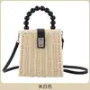 Bolsa de Ombro de Ráfia com Alça de Corda e Contas de Madeira Fofas, Bolsa de Palha Tecida Estilo Verão Praia Floresta, Fecho de Metal, Bolsa de Ombro Tecida