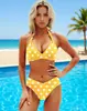 Nuevo traje de baño de dos piezas para mujer de Amazon, estilo europeo y americano, con diseño de cuello halter en bloques de color, corte de cintura alta y un conjunto de bikini sexy.
