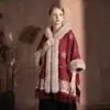 Capa de Invierno para Mujer con Forro de Lana, Engrosada, Cuello Grande de Piel, Capa con Capucha Roja de Copos de Nieve para Año Nuevo