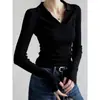 Camisa polo azul marinho estilo francês com gola de lapela, blusa base de malha para mulheres, suéter de outono, top elegante e de alta qualidade com mangas compridas