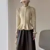 Cardigan Tricotado de Design Suave Estilo Francês com Borda Franzida para Mulheres, Casaco Suéter Grosso Emagrecedor que Marca a Cintura para Outono e Inverno, Elegante e Versátil