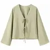 Atacado de Roupas Femininas Transfronteiriças Verão 2025 Novo Cardigã com Cadarço Estilo Europeu e Americano Cor Lisa Europeu Versátil Camisa Top com Decote em V Profundo