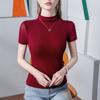 Gola Meia Alta Dupla Camada Malha T-shirt Feminina de manga curta Slim-fit 2024 Verão Nova Cor Sólida All-match Camisa Feminina Pequena com Gola Vertical