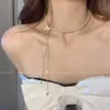 Colar de Pérolas com Borla e Ponto de Pérola Doce para Mulheres, Ajustável por Puxar, Corrente de Clavícula da Moda para o Verão