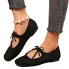 Zapatos planos casuales para mujer de gamuza negra con lazo, puntera cuadrada, estilo cómodo y versátil