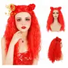 Peruca Cosplay de Rolo de Macarrão Instantâneo com Coques Duplos Vermelhos, Peruca Afro Longa e Ondulada, Adereço de Cabeça para Fantasia de Festa de Halloween