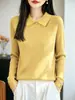Camisa de Solapa con Hebilla de Terciopelo Andy para Mujer Otoño Invierno Sencillo Temperamento Suéter de Punto Suave Pegajoso Cálido Manga Larga Pulóver Capa Base