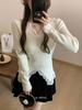 Pure Desire Lace Stitching V-neck Knitted Sweater Manga comprida Camisola Feminina Outono e Inverno Nova Slim Inner Base Camisa Top