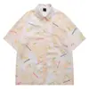 Camisa Polo Manga Curta Rosa Púrpura Dopamina para Homens e Mulheres Estilo Preppy Preguiçoso Bf Solta para Casal Verão Camisa Floral