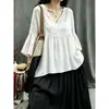 Top de algodão e linho com decote V e mangas sino, emagrecedor e rejuvenescedor, camisa babydoll que disfarça a barriga
