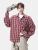 Chamarra tipo camisa de manga larga, corte relajado, estilo americano, camisa a cuadros cepillada casual para hombre, adecuada para ir al trabajo, con cuello desplegable, para usar en otoño