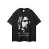 American Street vintage Retro Figura Impressa Heavy Wash Water Old Camiseta de manga curta Hip-hop Meia-manga masculina