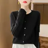 26 Outono/Inverno 100% Lã Pronto para Vestir Cardigã de Gola Redonda para Mulheres, Versátil Casaco de Lã de Manga Longa, Peça de Roupa Externa de Cor Sólida