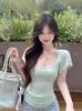 Pure Desire Camiseta Blanca de Cuello U Manga Corta para Mujer Verano 2025 Nueva Cintura Ajustada Color Sólido Chica Caliente Adelgazante Más Fácil de Combinar Top