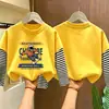 Camiseta infantil, algodão puro, novo corte solto, base de manga longa falsa de duas peças para primavera e outono de bebê, blusa de outono para menino