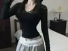 O Tamanho Foi Atualizado. Camiseta de Renda com Decote V de Manga Longa Estilo Francês para Mulheres, Camisa Base para Camada Interna Estilo Puro Desejo de Outono, Top Justo