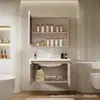 Set de Muebles de Baño de Aluminio Espacial de Color Crema con Esquinas Redondeadas, con Lavabo Cerámico Integrado y Tocador