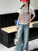 Camiseta de Manga Corta para Niñas de Verano, Estilo Nuevo para Niños Mayores, Camiseta Versátil de Moda con Rayas, Tirantes y Parches, Estilo Coreano