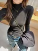 Camiseta básica de manga larga ajustada para mujer, cuello medio alto, estilo simple y liso, imitación cachemira, capa base para interior