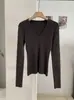Top de punto KEKEZOON de corte ajustado con cuello en V, capa base versátil de color liso para otoño, elegante camisa de manga larga 9152