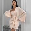 Novidade de Outono Tricô Estilo Europeu e Americano Simples Solto Confortável Manga Longa Roupa Íntima Shorts Pijama Conjunto de Três Peças Roupa de Dormir Transfronteiriça