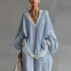 Moda Femenina Europea y Americana 2026 Conjunto Holgado de Encaje con Rayas Azules y Blancas para Mujer Conjunto Casual de Dos Piezas con Pantalones de Pierna Ancha y Manga Larga