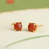 Yuebao Joyería Ágata Roja del Sur Plata de Ley S925 Chapado en Oro Casual Lujo Ligero Pendientes de Gama Alta Pequeños Clavos de Plata Personalizados