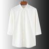 Camisa Masculina de Linho Cor Sólida Solta Plus Size com Gola para Verão de Meia-idade e Idosos Manga Sete Pontos Fina Respirável Manga Curta