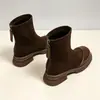 Botas femininas de camurça marrom com solado grosso e salto grosso, versáteis para o dia a dia, bico redondo, zíper traseiro, botas elásticas de ajuste justo, em estoque