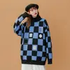 Tricô Gola Alta Solto Estilo Preguiçoso para Casais Tendência High Street Tricô Xadrez Retrô Americano para Homens e Mulheres no Outono e Inverno
