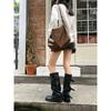 Botas Pleated Mid-Calf Knight para Mulheres 2025 Novas Fivela de Cinto Retrô Botas Cowboy Ocidentais Botas de Pelúcia