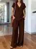 2026 Novo Conjunto de Linho com Gola V Estilo Europeu e Americano para Mulheres, Conjunto de Duas Peças com Calça de Perna Larga Casual Solta de Verão, Estilo Transfronteiriço Tendência