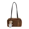 2026 Nova Bolsa de Bolinhas de Bowling Feminina Retrô de Camurça para Ombro Bolsa Boston de Mão com Pingente Fofo