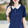 Camiseta polo de manga curta em duas cores para mulheres, novo top de malha de algodão para o verão de 2026, top de meia-manga em cor sólida contrastante