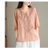 Blusas de Manga Corta de Verano, Camisas Sueltas de Seda y Lino, Tops Delgados de Estilo Retro para Mujer, Bordados, Sudeste Asiático, Otros