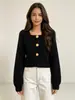 Colección nueva otoño/invierno transfronteriza: Cárdigan de punto para mujer, corto, ajustado, abotonado, de manga larga, con escote cuadrado y textura acanalada