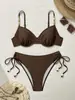 Traje de baño bikini de dos piezas con sujetador push-up, color liso, cierre de tiras, traje de baño de cintura alta, comercio exterior europeo y americano, traje de baño sexy para mujer