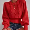 Nueva colección transfronteriza de otoño e invierno: suéter tejido de punto trenzado para mujer, de corte holgado, con mangas tipo linterna, color liso y cuello redondo, una prenda moderna y versátil