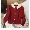 Cárdigan de punto con cuello de muñeca, patchwork calado de encaje estilo coreano, manga larga para mujer, nuevo top versátil ajustado, otoño 2026