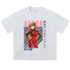 Camiseta de manga corta negra lavada con efecto desgastado y estampado de anime, estilo retro americano, corte holgado, marca de moda, cuello redondo, manga corta, transfronteriza