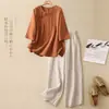 Novo Conjunto de Moda Verão Estilo Chinês Slim-Fit Manga Curta para Mulheres, Calça Wide-Leg, Conjunto de Duas Peças Versátil Solto Plus Size