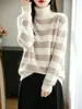 Suéter de mujer de lana pura con rayas anchas y cuello semialto, diseño retro de bloques de color, suave y cómodo para otoño e invierno, efecto adelgazante, estilo jersey