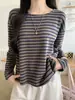 Camiseta de manga larga a rayas estilo francés, corte relajado, para mujer, nueva colección otoño 2026, corte holgado, cuello redondo, top básico