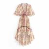Vestido de Férias com Estampa na Cintura Boêmia Comércio Exterior Laço Frontal Curto Atrás Longo Vestido de Praia Vestido Amplo